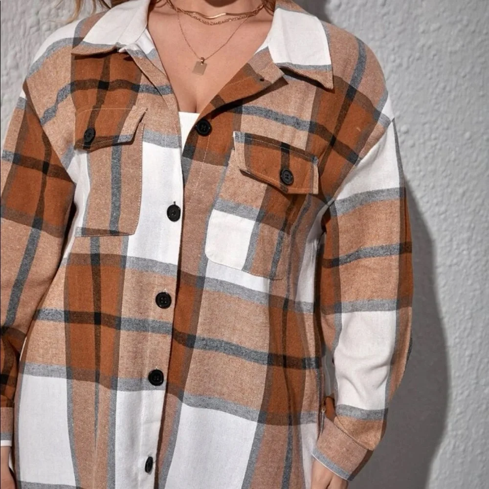 Plus Size Plaid Pocket Light Jacket Shacket Long Shirt Green BELT NOT INCLUDED - Picture 13 of 16